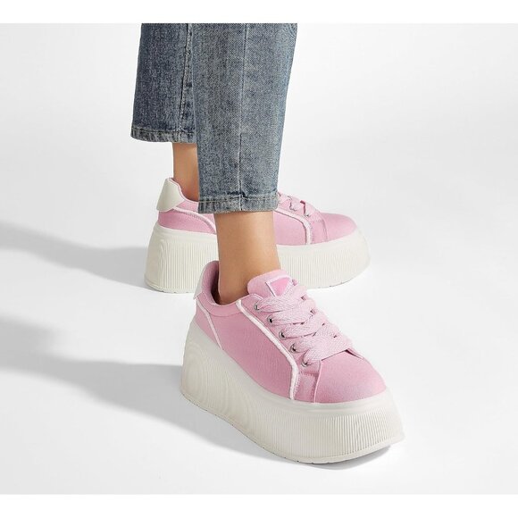 Lucky Step Women Pink Platform Low Top Classic Wedge Retro Canvas Sneakers - Picture 7 of 9